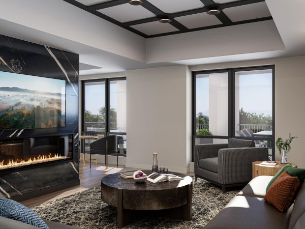Modern living room with sofas, a round coffee table, fireplace, TV, large windows, and balcony view.