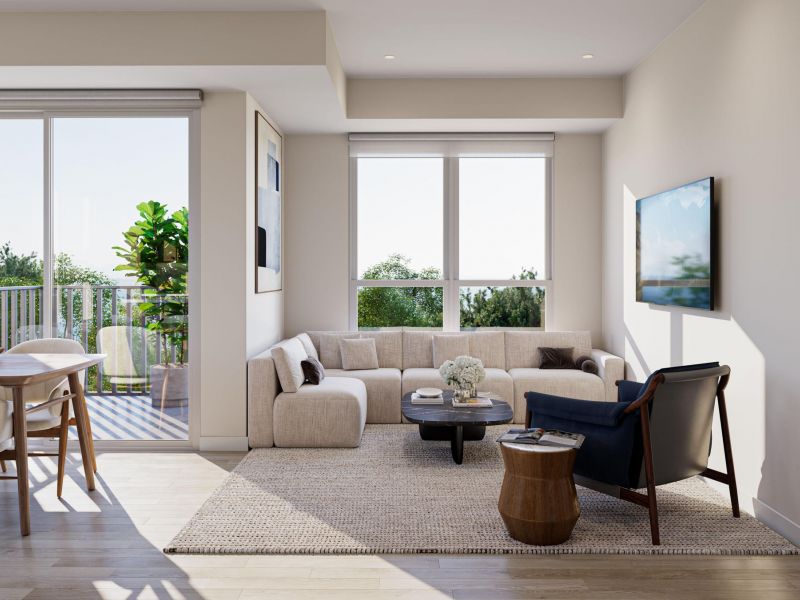 Bright, modern living and dining area with light furniture, large windows, and a view of a balcony with plants.