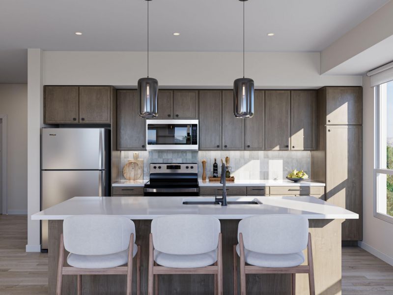 Modern kitchen with wooden cabinets, stainless steel appliances, island, and three upholstered barstools.